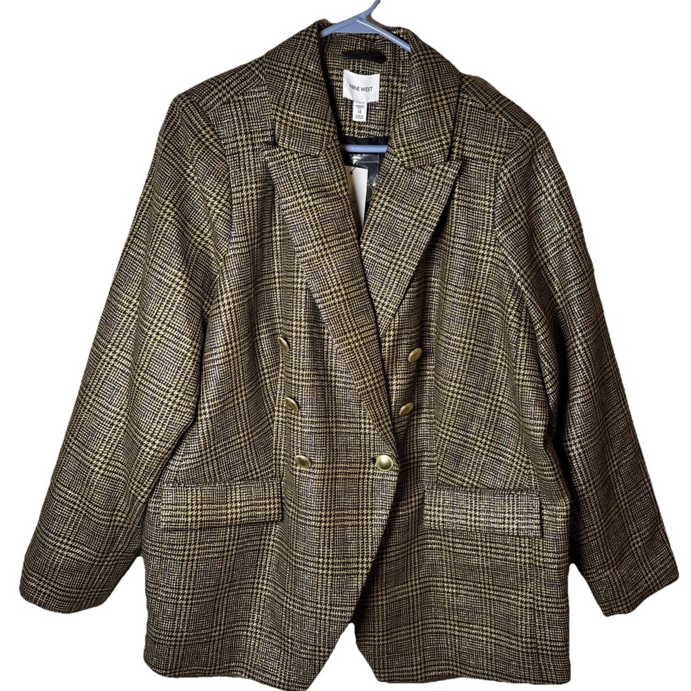 Nine West 1X Plus Plaid Blazer Double Breasted Gold Button Jacket Womens